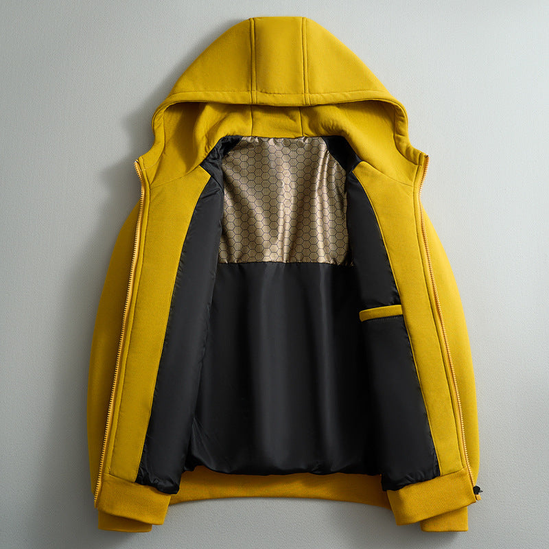 Stylish men's zip-up puffer hoodie with hood, ideal casual winter fashion & everyday wear.