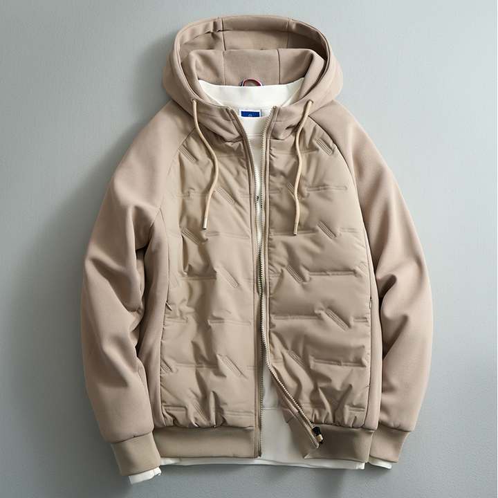 Warm men's puffer hoodie, excellent for casual winter activities & stylish outdoor comfort.