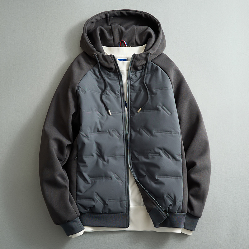 Modern men's hooded puffer jacket, combining stylish design with practical warmth for cold days.