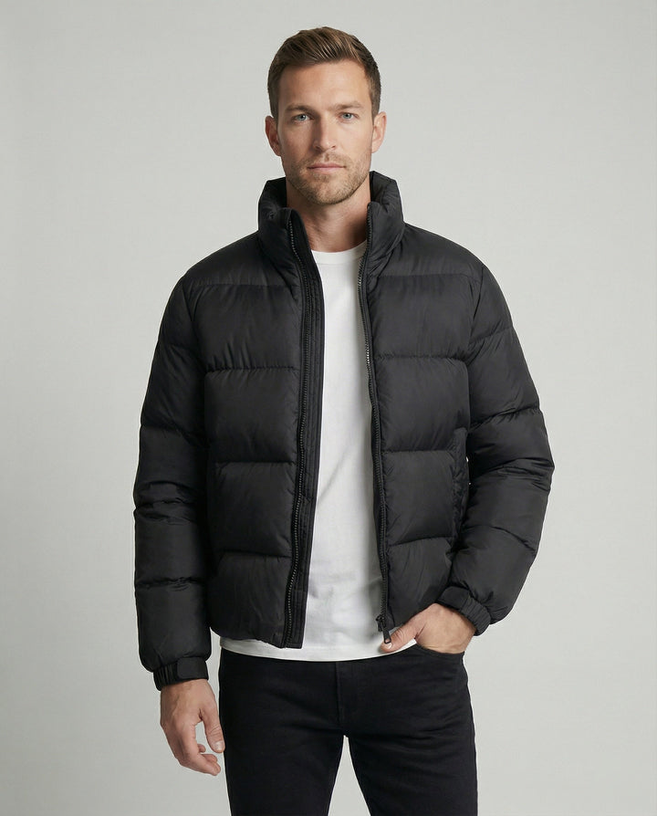 Men's warm puffer jacket with hood, ideal for winter comfort & cold weather.