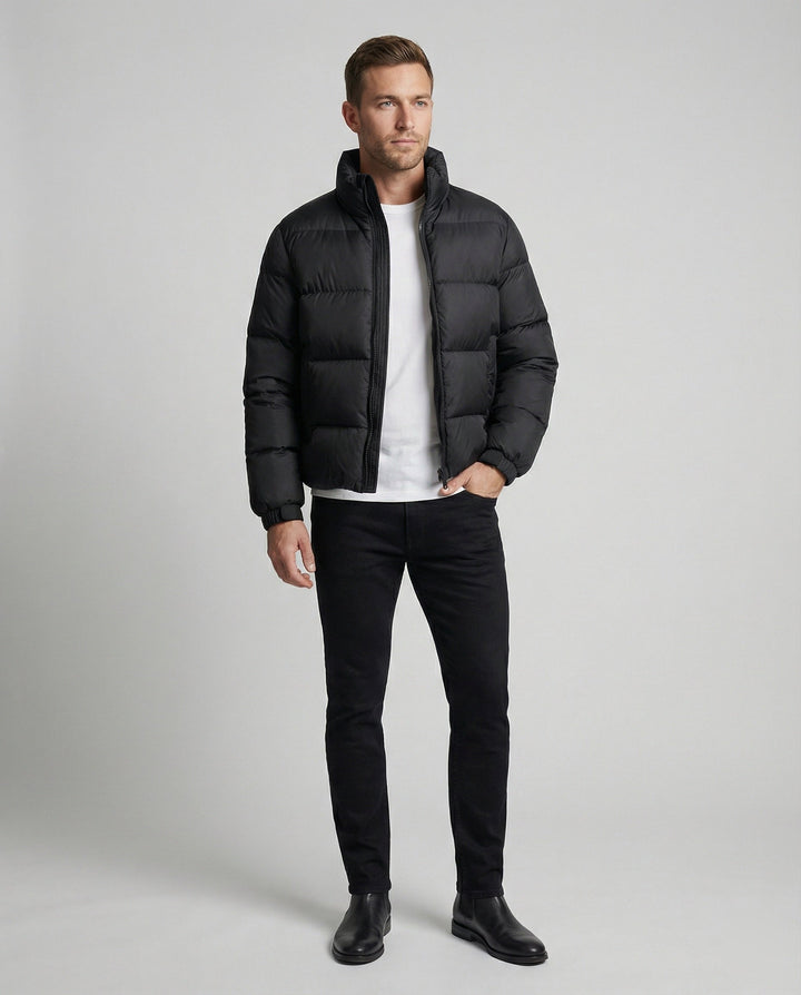 Insulated men's puffer jacket with hood, perfect for cold winter outerwear.