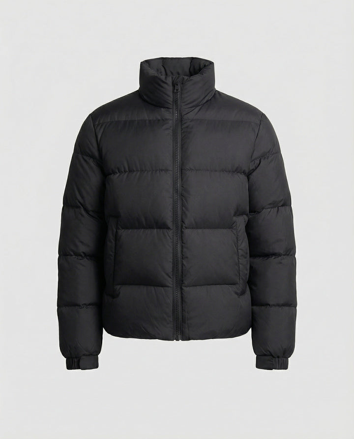 Stylish men's hooded puffer jacket for warm winter comfort & outdoor gear.