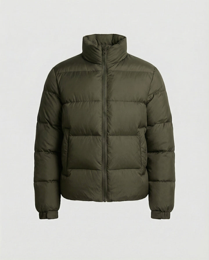 Warm men's winter coat, a comfortable hooded puffer jacket for cold weather.