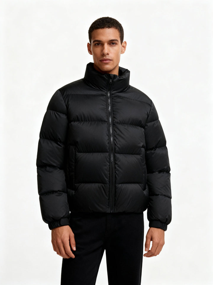 Men's hooded puffer jacket, excellent warm outerwear for winter & outdoor adventures.