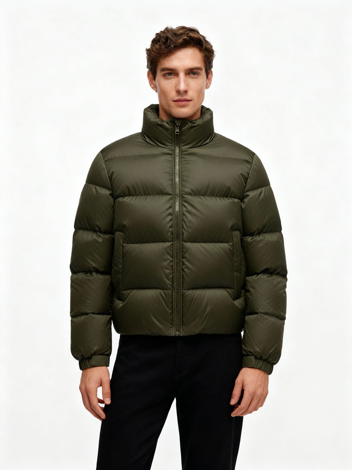 Durable men's puffer winter coat, a hooded jacket for ultimate cold weather comfort.