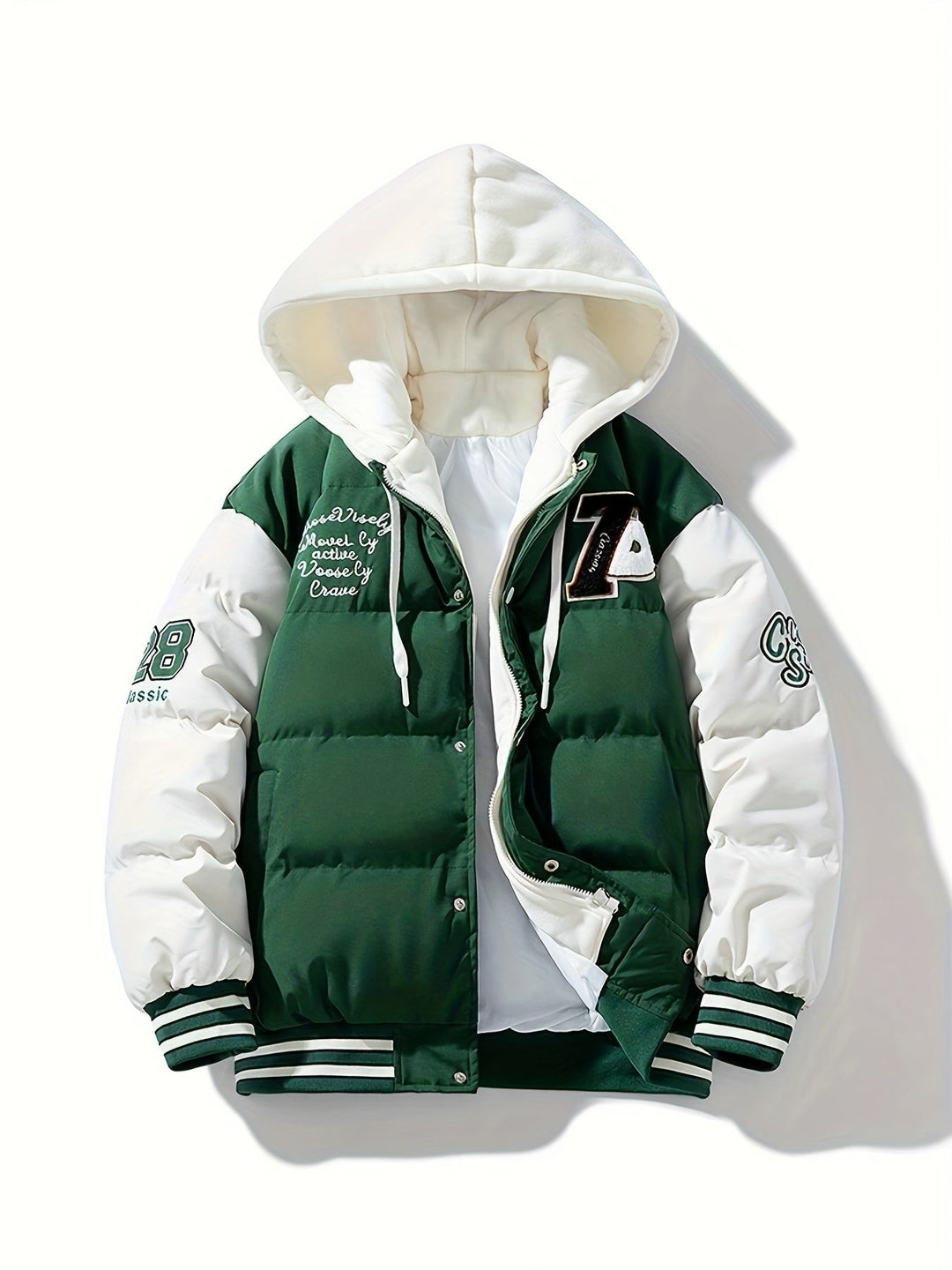 Men's warm puffer jacket with hood, perfect for cold weather & outdoor wear. Insulated & durable.