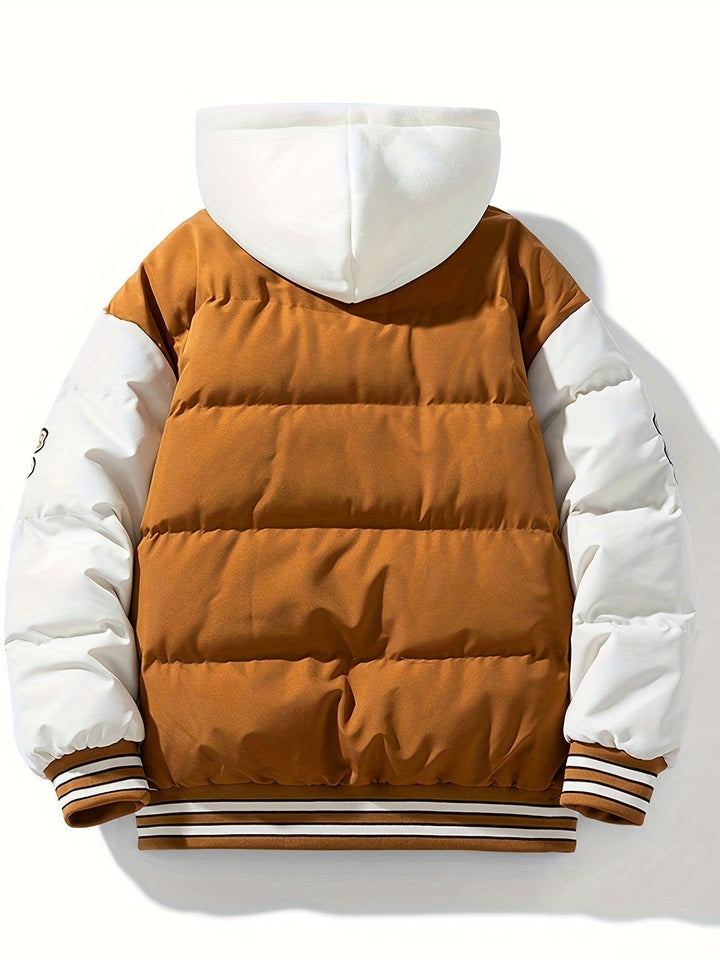 Insulated men's puffer jacket with hood, essential for winter. Stylish outdoor wear, casual fashion.