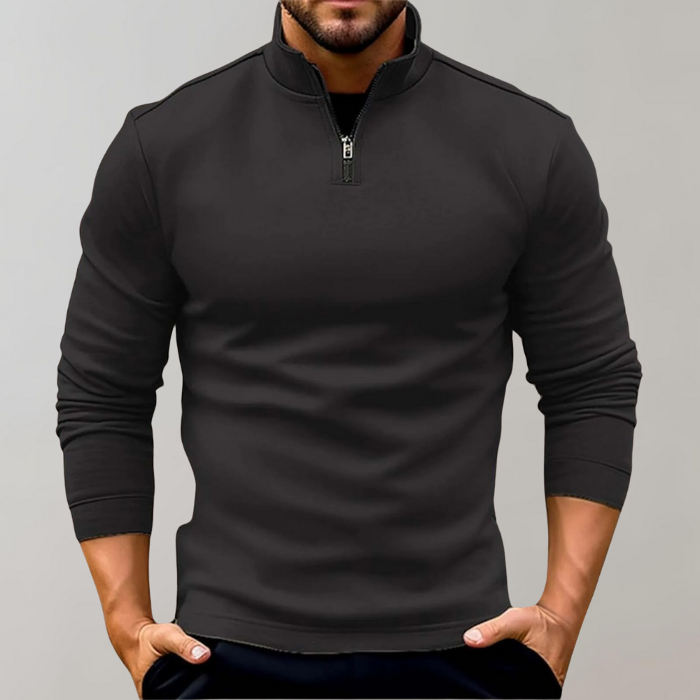 Men's warm quarter-zip sweater, ideal for versatile casual fashion. Comfortable knitwear.