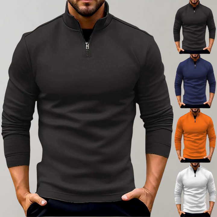 Fashionable men's quarter-zip sweater. Warm knitwear, a versatile casual menswear piece for styling.