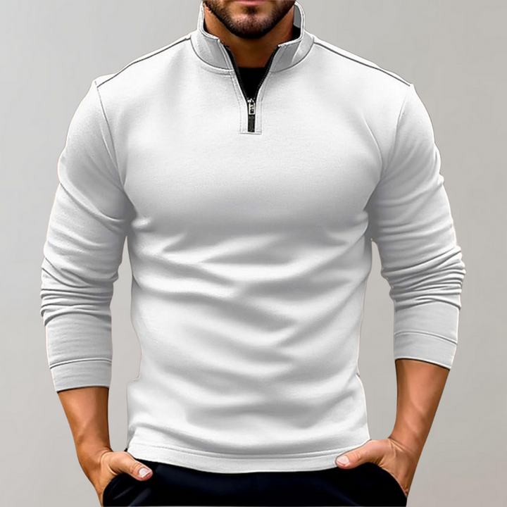 Warm men's quarter-zip sweater, 'Alvar' model. Essential casual outerwear for comfortable menswear.
