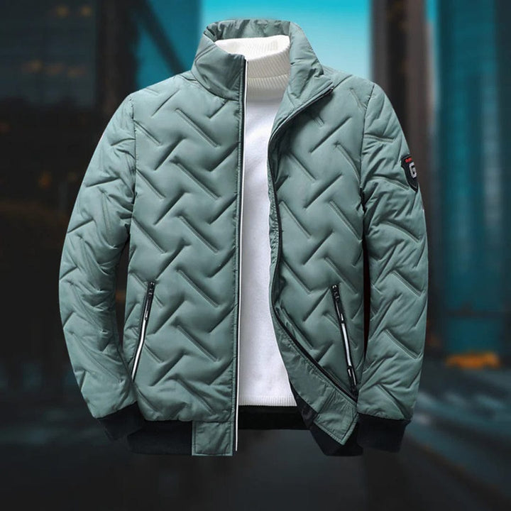 Men's warm quilted bomber jacket, stylish & cozy for winter outerwear.