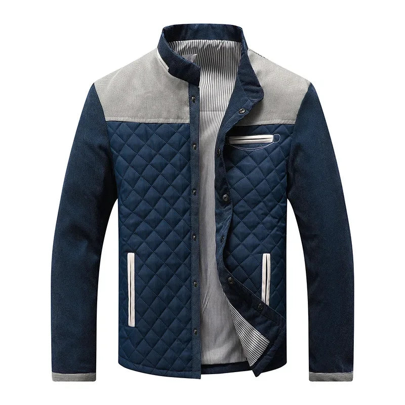 Gray men's insulated quilted winter jacket. Warm, durable outerwear designed for ultimate comfort in cold weather.