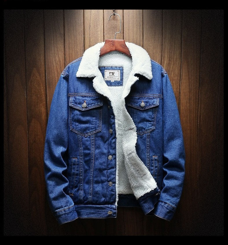 Stylish men's retro denim jacket, fleece-lined, warm outerwear for casual winter days, available in blue & black.