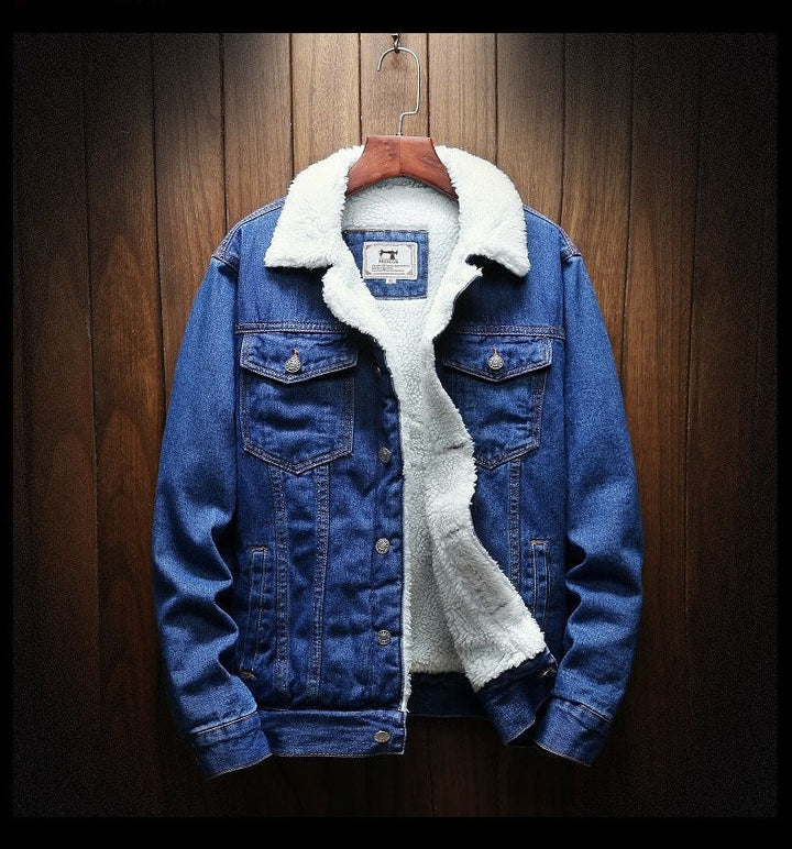 Stylish men's retro denim jacket, fleece-lined, warm outerwear for casual winter days, available in blue & black.