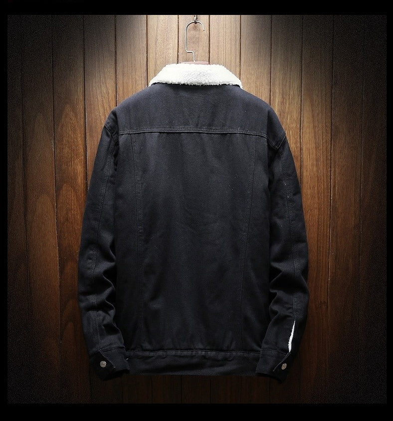 Black men's retro denim jacket with warm fleece lining, perfect for casual winter style and everyday wear.