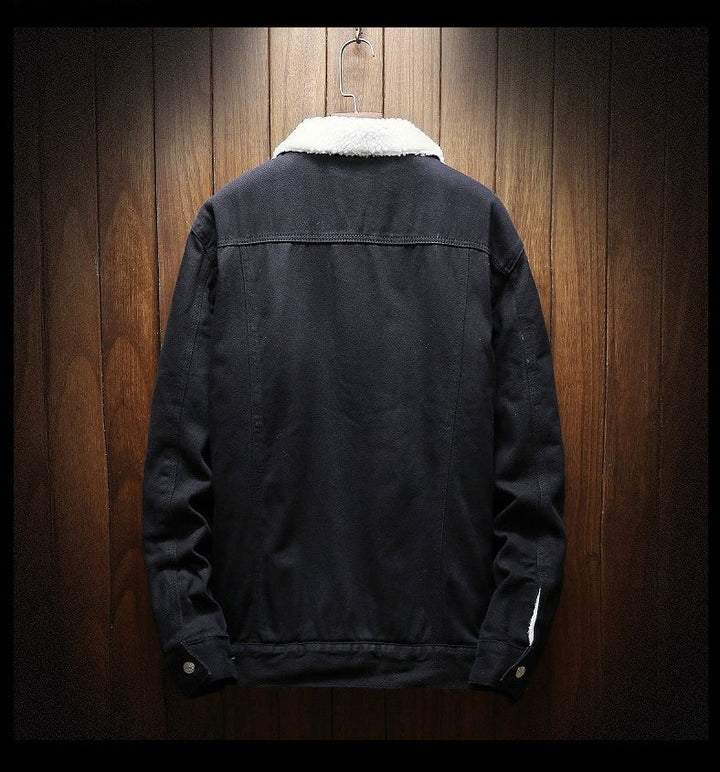 Black men's retro denim jacket with warm fleece lining, perfect for casual winter style and everyday wear.