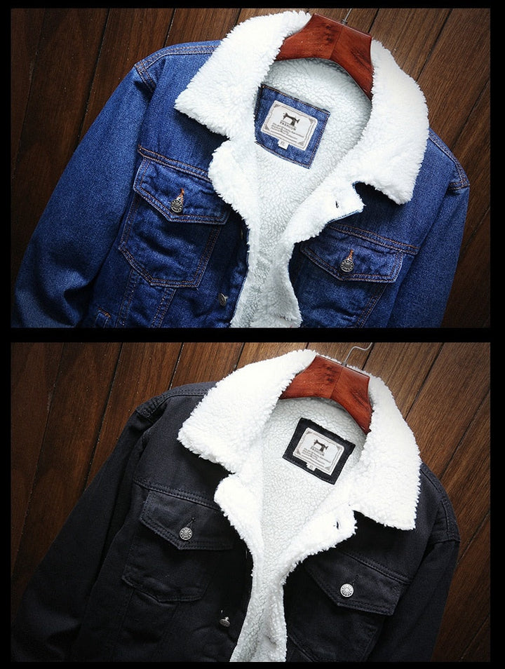 Layered look men's retro denim jacket, fleece-lined, warm and stylish winter outerwear for men.