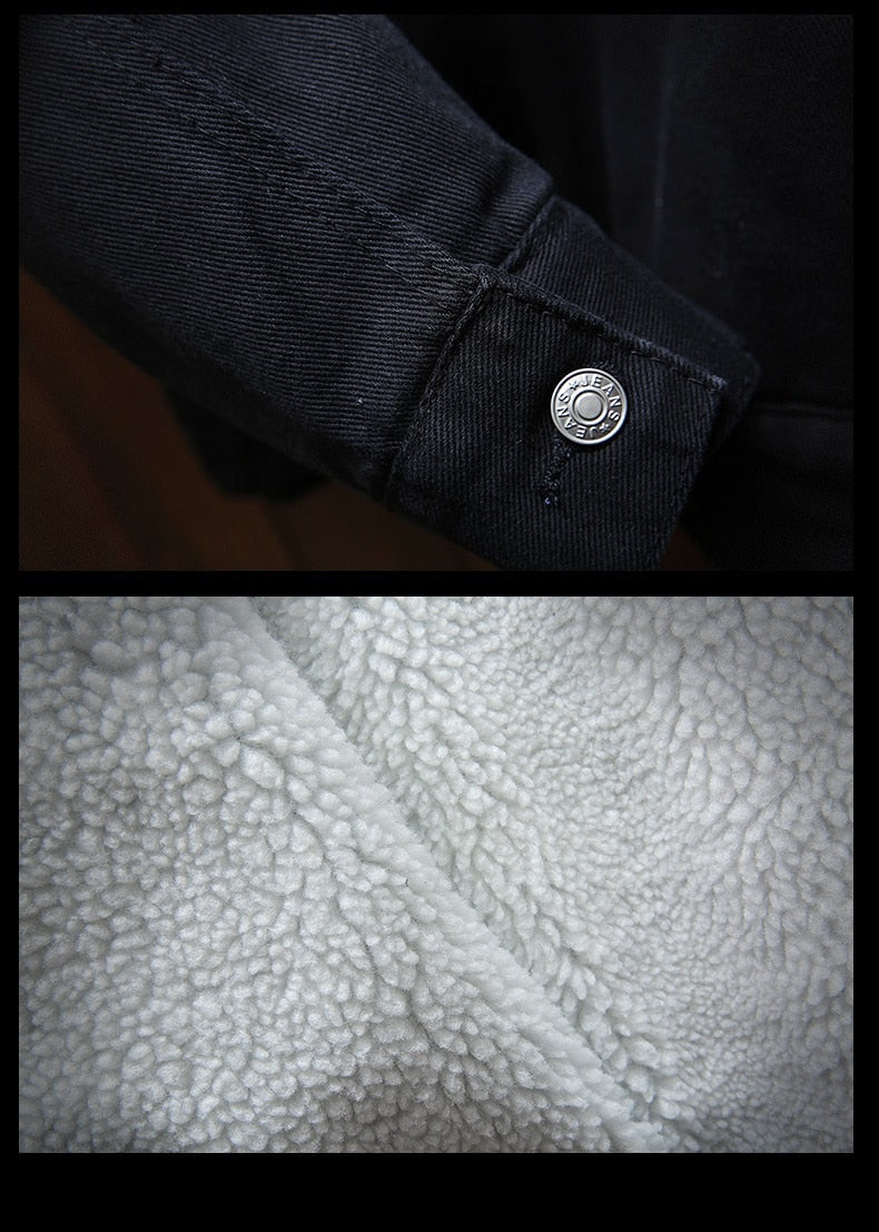 Warm men's retro denim jacket with cozy fleece lining, a stylish casual winter outerwear piece for men.