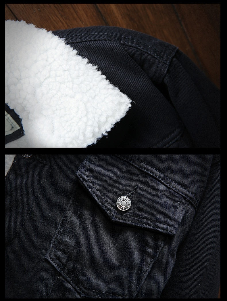 Blue men's retro denim jacket, fleece-lined and insulated, perfect for winter warmth and casual style.