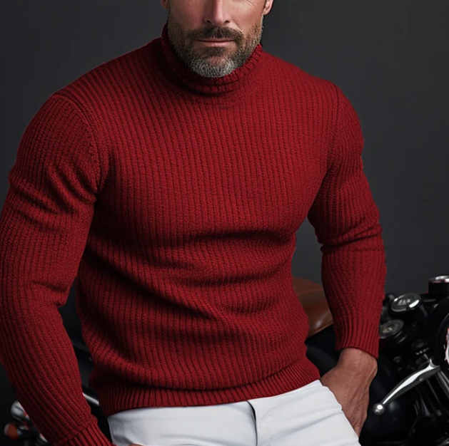 Men's warm ribbed turtleneck sweater in a slim fit knit. Perfect for winter fashion & layering.
