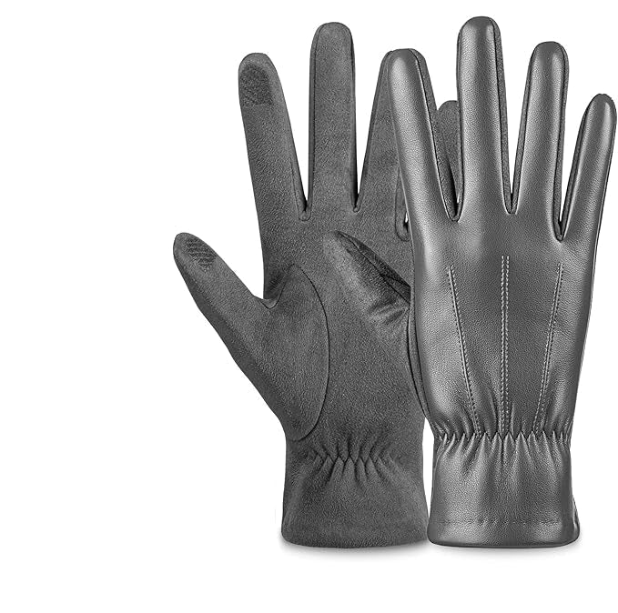 Men's warm suede leather winter gloves with touchscreen capability for cold weather.