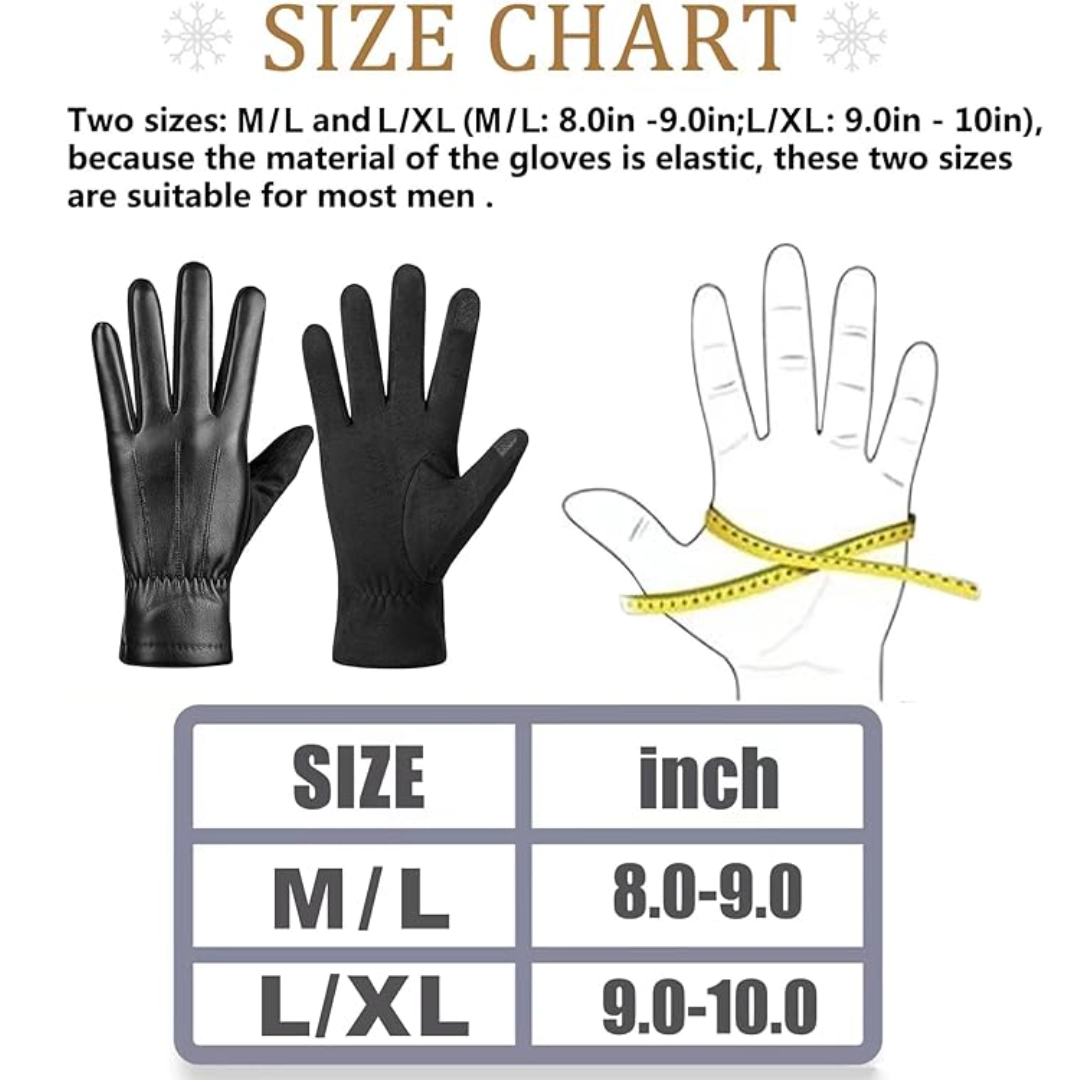 Comfortable men's warm suede leather winter gloves, touchscreen compatible for smartphone use.