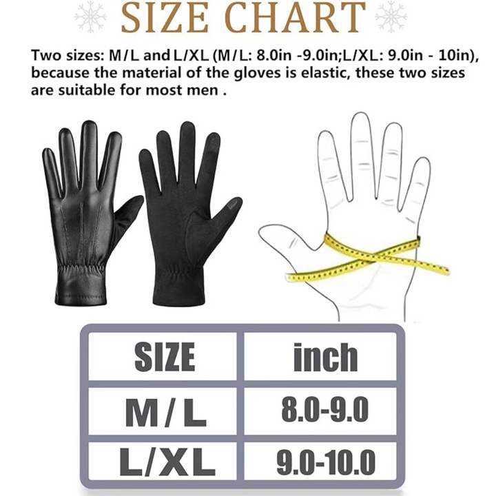 Comfortable men's warm suede leather winter gloves, touchscreen compatible for smartphone use.