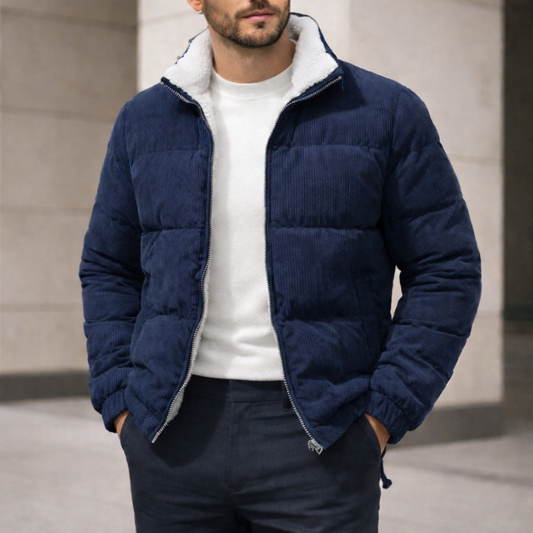 Men's warm textured black puffer jacket with a zipper, perfect for winter comfort and casual cold-weather wear.
