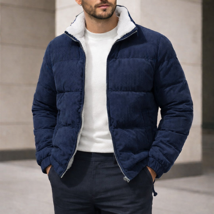 Men's warm textured black puffer jacket with a zipper, perfect for winter comfort and casual cold-weather wear.