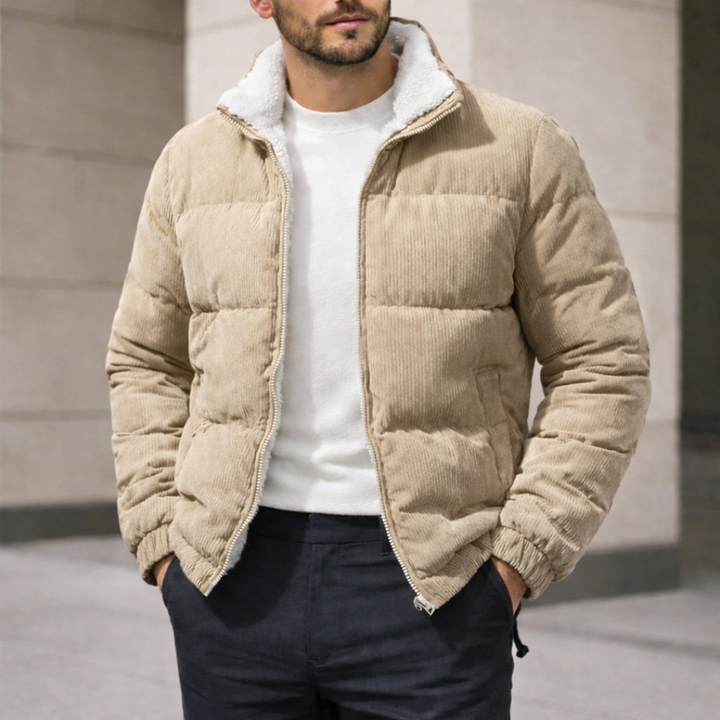 Durable men's warm textured puffer jacket, designed for ultimate winter comfort and protection against cold weather.