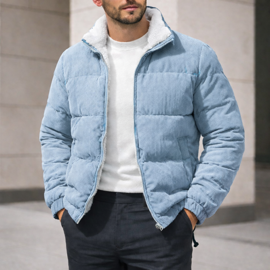 Man wearing a comfortable, stylish men's textured puffer jacket, ideal for cold winter outdoor activities & casual wear.