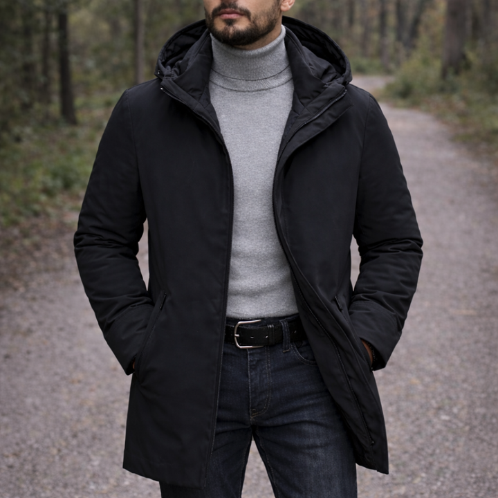 Men's warm, weather-resistant hooded winter coat, perfect for cold weather urban style and everyday wear.