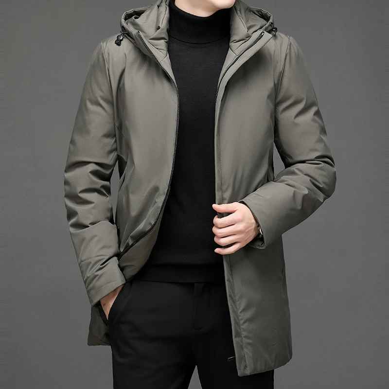 Weather-resistant men's hooded winter coat, ideal for staying dry and warm in harsh winter conditions.