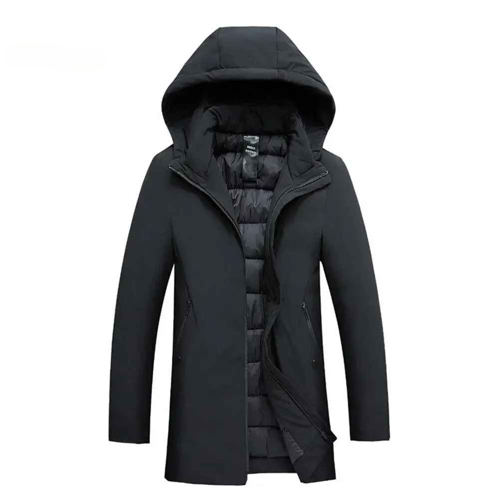 Man wearing a durable, warm, and weather-resistant hooded winter coat, great for outdoor adventures.