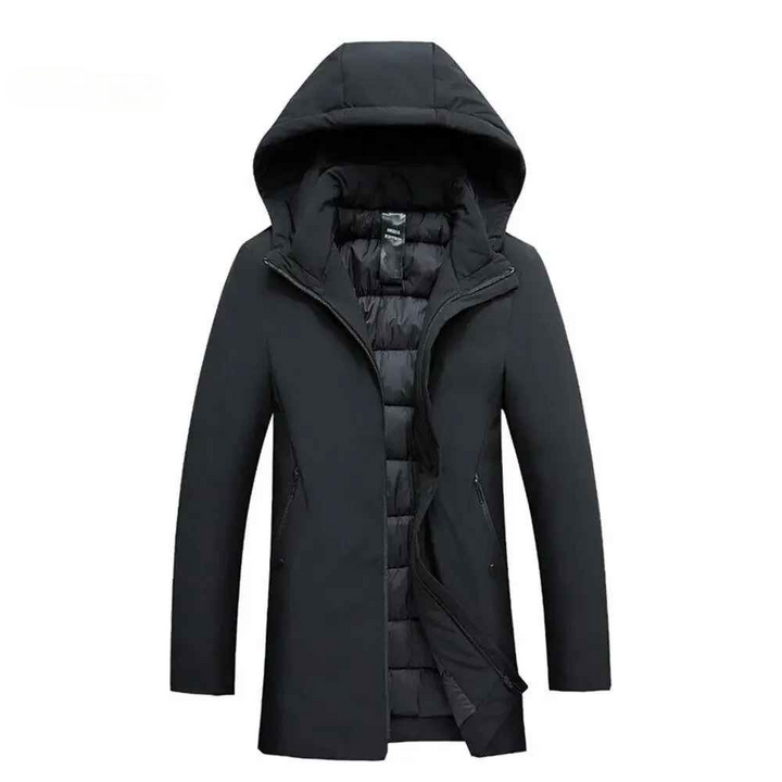 Man wearing a durable, warm, and weather-resistant hooded winter coat, great for outdoor adventures.