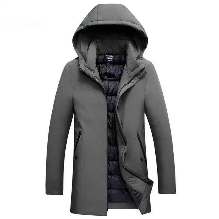 Modern men's hooded winter coat, designed for extreme cold. Insulated and weather-resistant for daily wear.