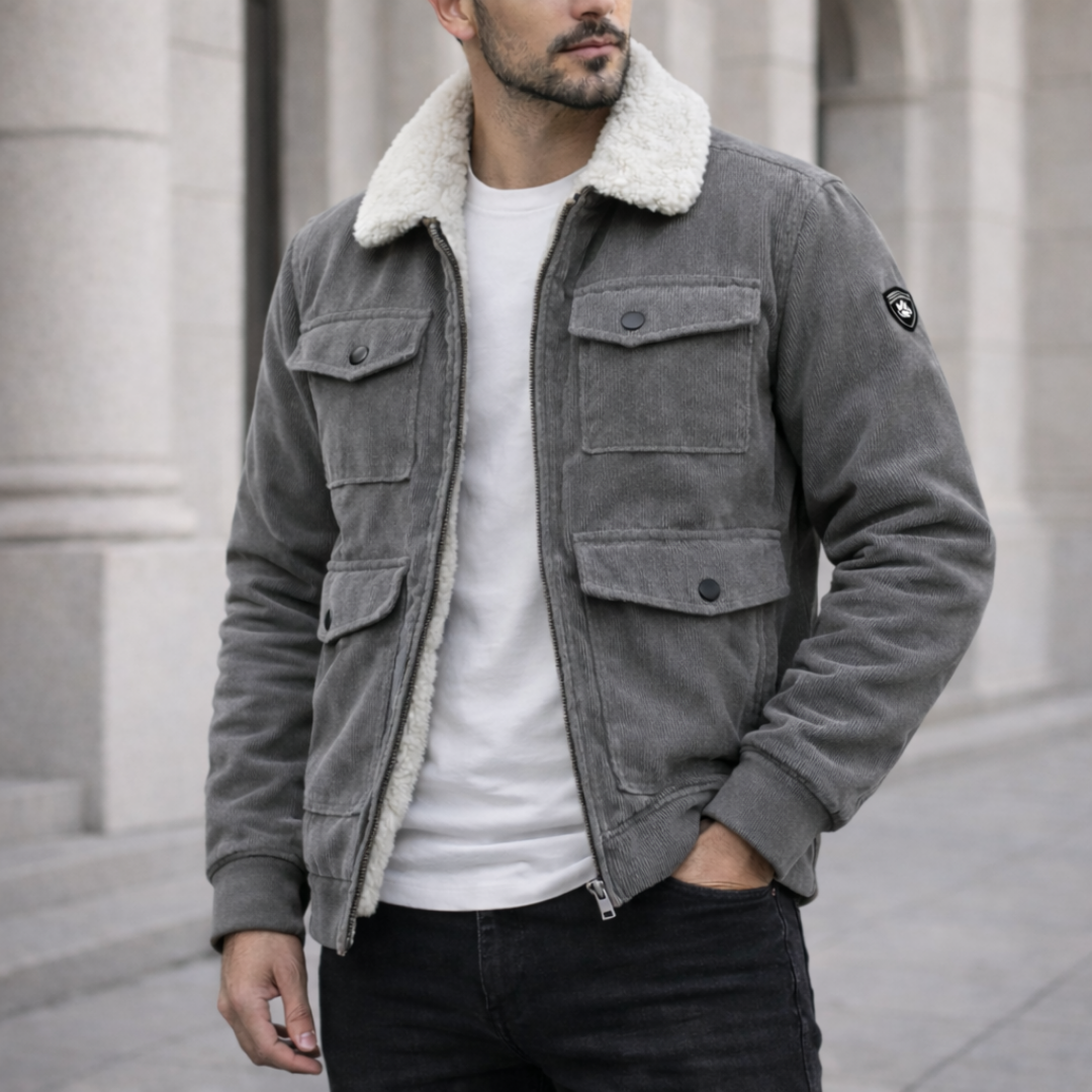 Men's warm winter jacket with cozy faux fur lining, perfect for cold weather protection & comfort.