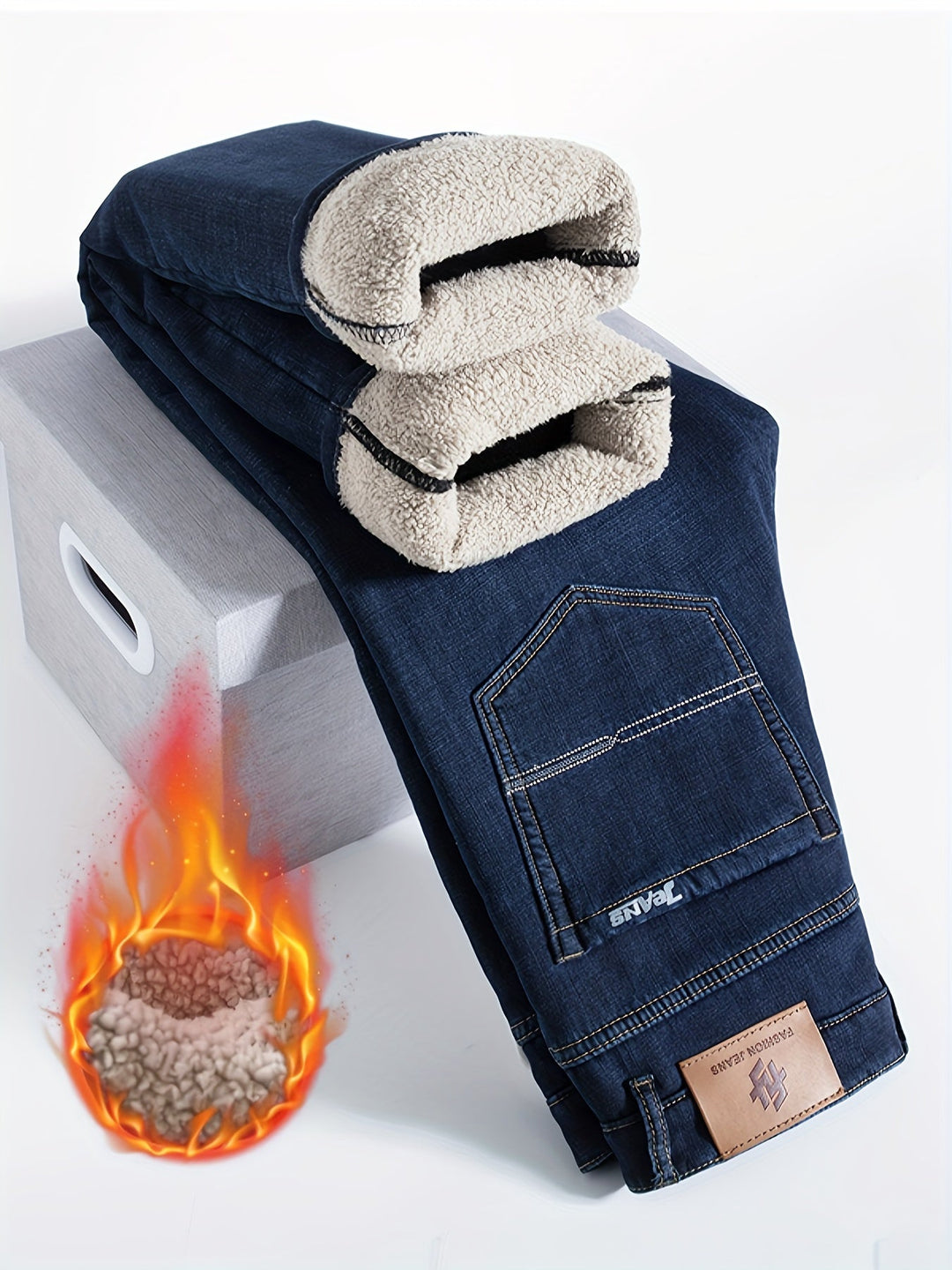 Men's warm winter jeans, straight leg denim for cold weather comfort & casual style.