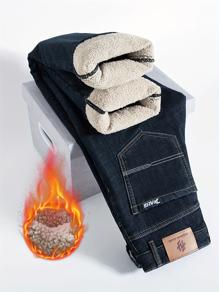 Insulated men's jeans, perfect for winter warmth. Cozy denim pants for cold weather.