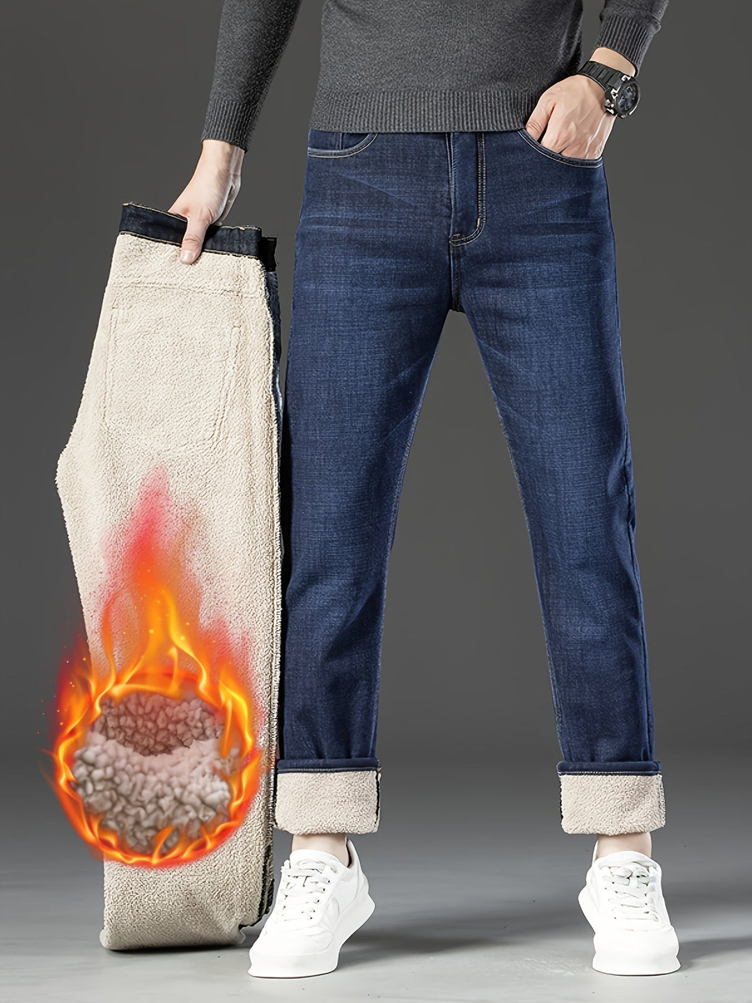 Stylish men's straight leg winter jeans. Warm, comfortable denim for cold weather fashion.