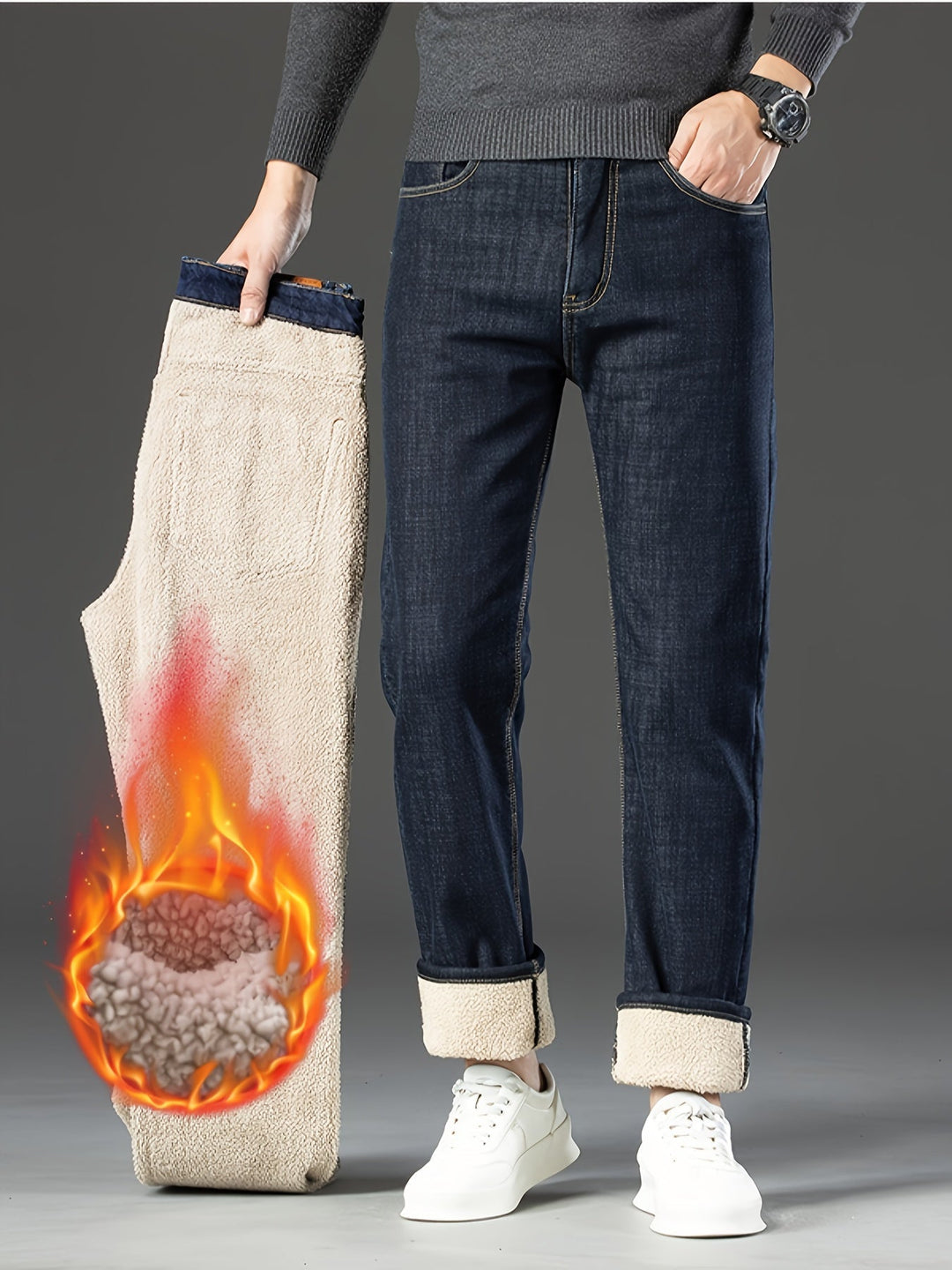 Cozy men's warm jeans. Straight leg, insulated denim pants for ultimate winter comfort.