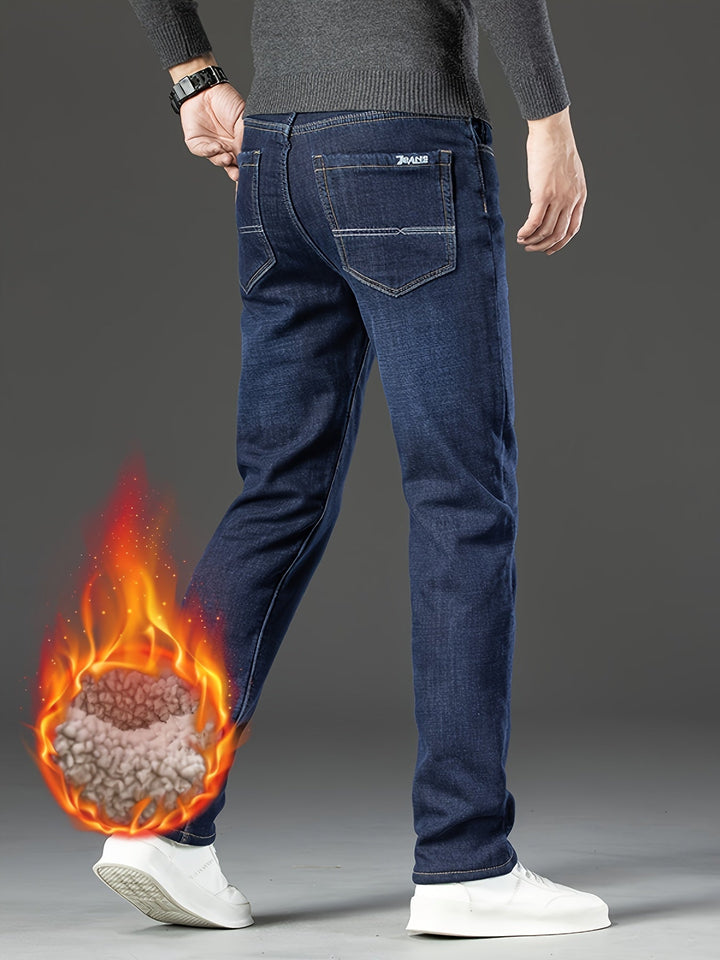 Classic men's winter denim jeans. Straight leg, warm & cozy for cold weather fashion.