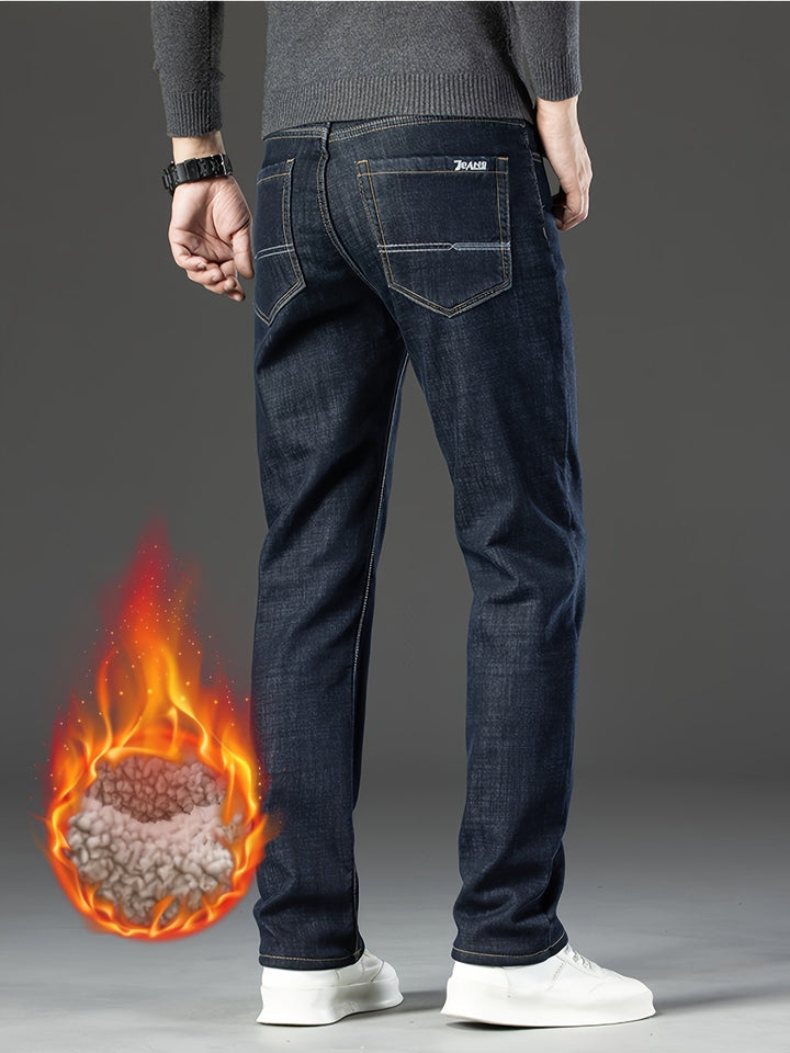 Essential men's warm winter jeans. Insulated, straight leg denim for cold weather activities.