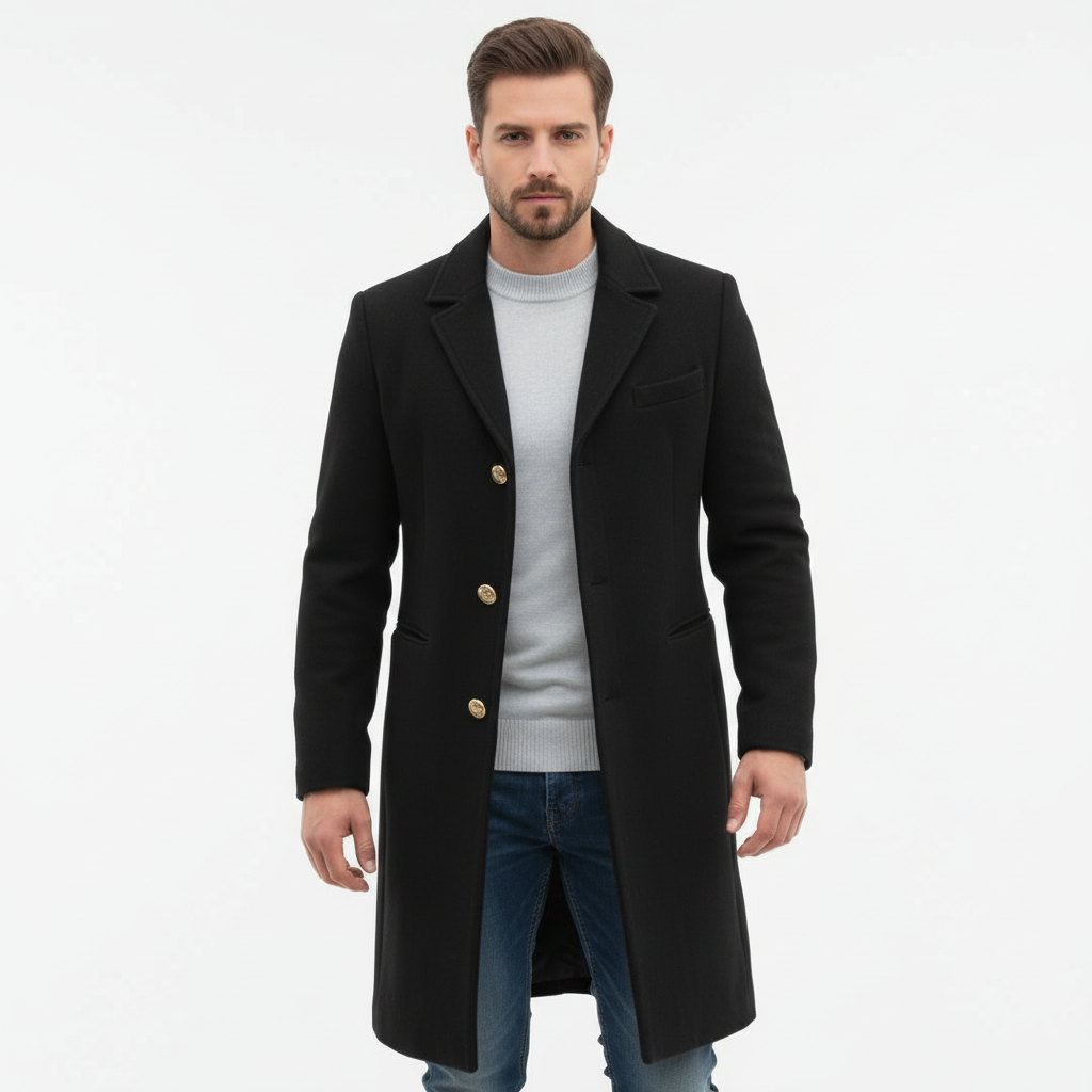 Close-up of the textured fabric on a men's warm wool blend jacket, Klaus, for winter