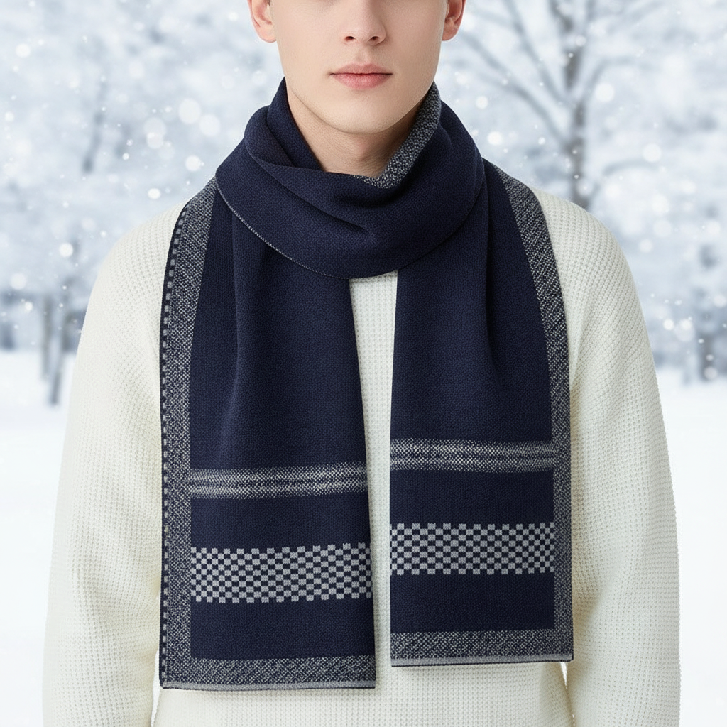 Men's warm wool blend winter scarf in a classic knit, perfect for cold weather fashion and everyday style.