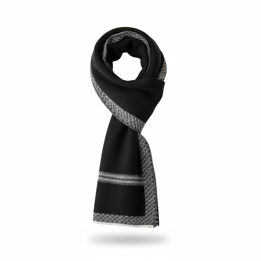 Men's long wool blend scarf worn casually, demonstrating its versatility and ability to keep warm in winter.