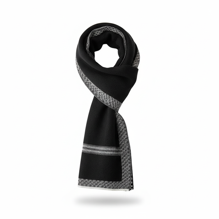 Men's long wool blend scarf worn casually, demonstrating its versatility and ability to keep warm in winter.