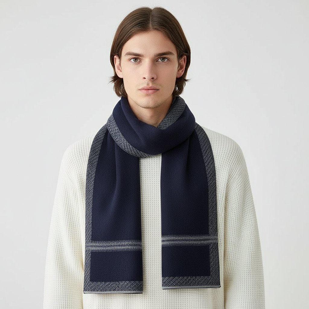 Stylish men's cashmere-feel wool blend scarf, ideal for winter accessories and adding warmth to any outfit.