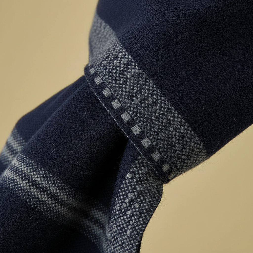 Close-up of a men's warm wool blend winter scarf, showcasing its soft texture and quality weave for cold weather.