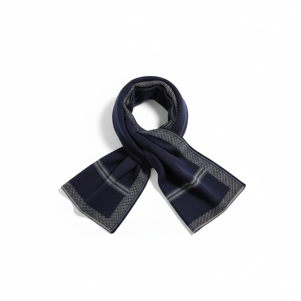 Fashionable men's wool blend scarf draped on a mannequin, highlighting its comfortable fit and winter style.